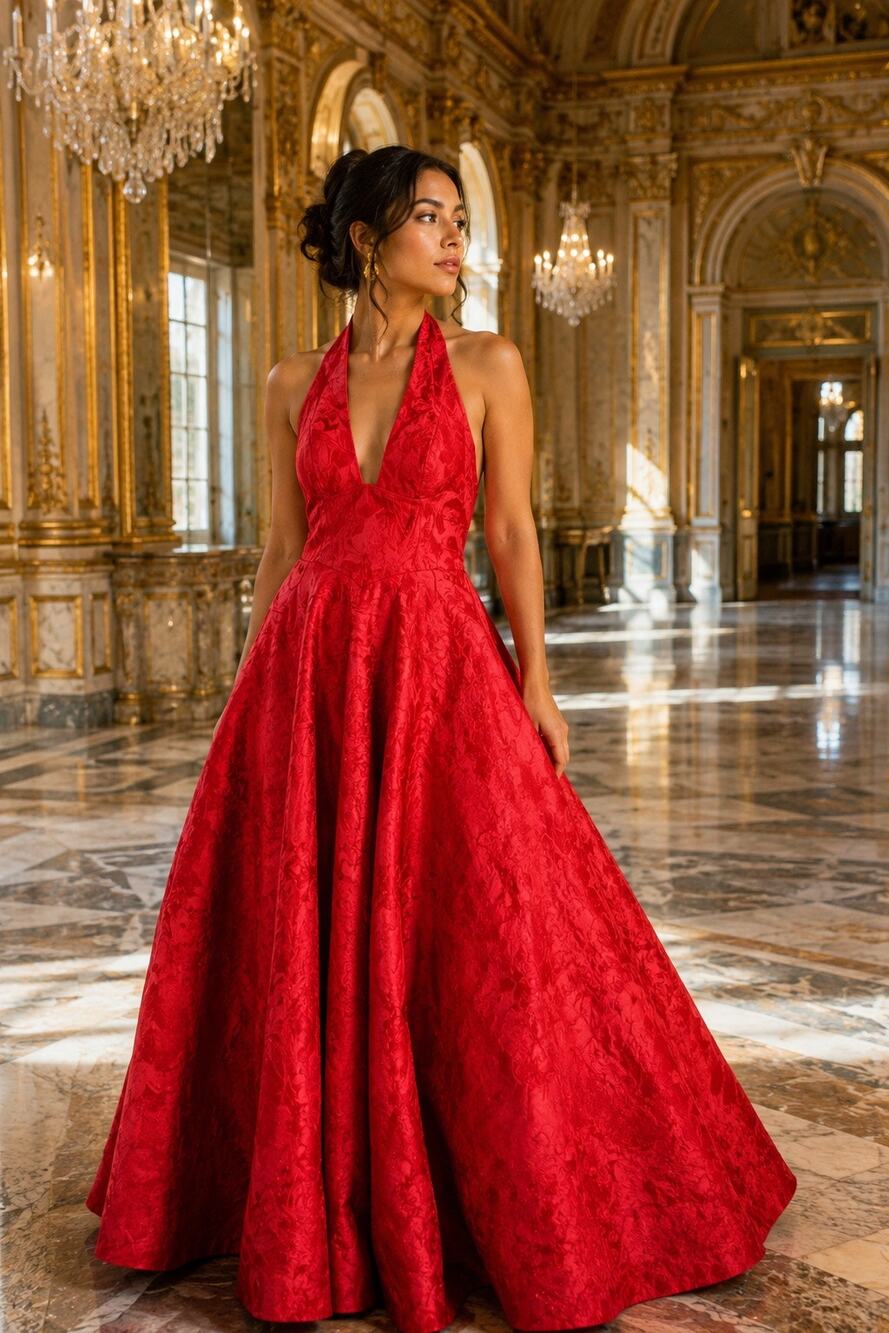 Ruby Red Jacquard Halter Midi Dress | Women’s Small | NWT